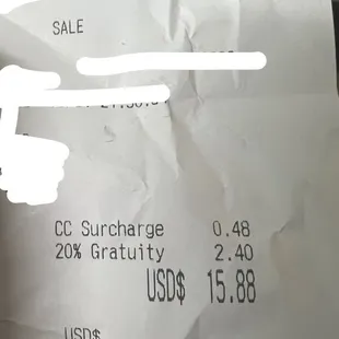 3% Credit Card Surcharge &amp; 20% gratuity added to all checks.