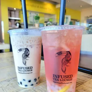 Hokkaido with boba and Rose Garden with lychee jelly. Each $7.75