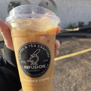 Orange clove latte with oat milk, decaf!