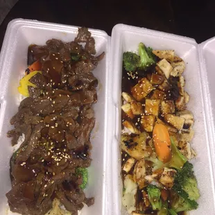 Beef Teriyaki w/ extra meat and Chicken Teriyaki with rice, broccoli, cauliflower, carrot, and squash. Too much sauce on chicken