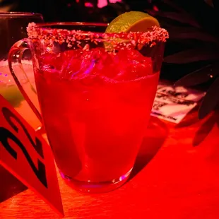 Hot pink margarita has a kick to it. SO good