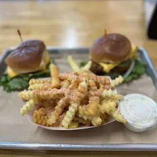 Spicy Garlic Fries with 2 mini burgers