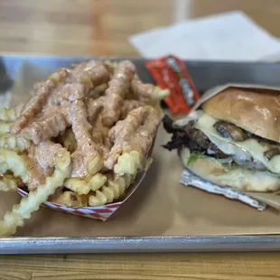 Mushroom Swiss Burger and Spicy Garlic fries