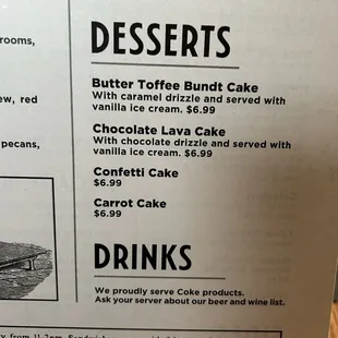 Dessert menu