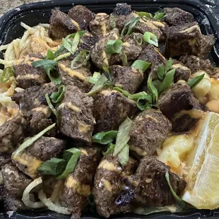 All steak with garlic noodles and Mac and cheese