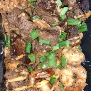 ink fried rice w/ ink steak &amp; shrimp! so delicious!