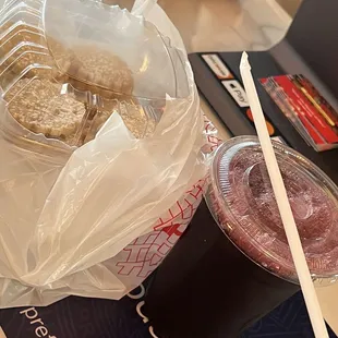 a bag of cookies and a drink