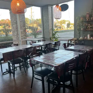 tables and chairs in a restaurant