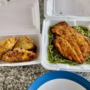 Empanadas and chicken.