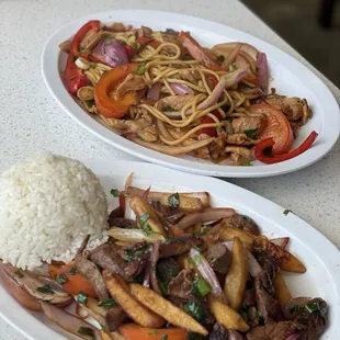 Lomo Saltado (front), Tallarin Pollo (back)