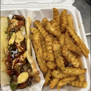 a hot dog and french fries