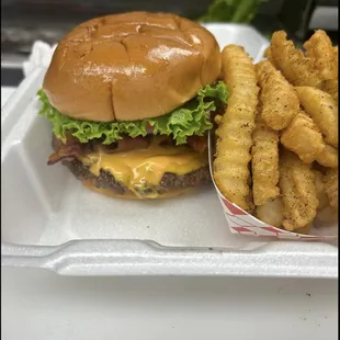 a cheeseburger and fries