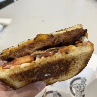 a hand holding a sandwich