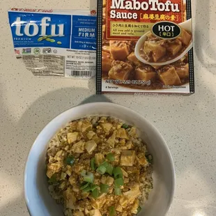 This dish is Mapo Tofu with ground pork over rice. It&apos;s spicy and delicious