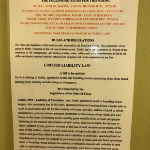 Room rates and rules.