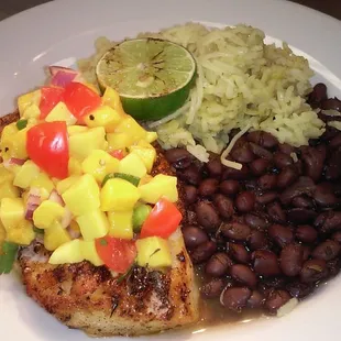 Chilean Sea Bass with Mango salsa, Black beans and jasmine rice