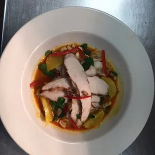 Curry Chicken over Rice Noodles