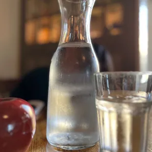 a glass of water and an apple