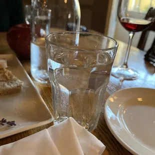 a glass of water and a plate of food