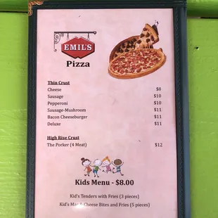 Pizza and kids menu