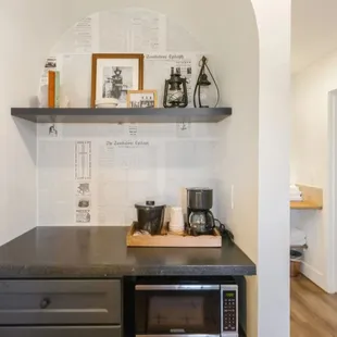 Coffee bar, with small fridge and microwave