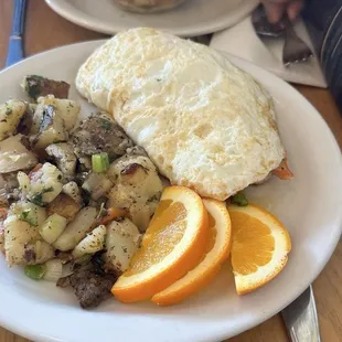 Seafood omelet with Salmon, and shrimp. Delicious
