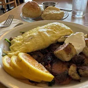 Vegetarian - spinach, mushroom and cheese omelette. With those biscuits! Amazing