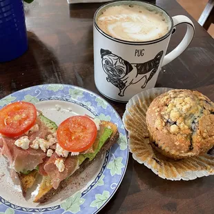 EuroTrip avocado toast + Mexican Chocolate Latte + Blueberry Muffin. So, so good