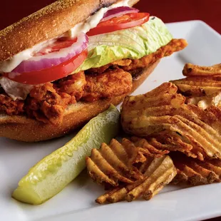 Buffalo Oyster Mushroom Po'Boy with fries!