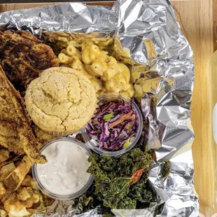 Eim Higher Entree: Phish, Joyce Cakes (krab cakes), Crinkle Fries, Mac N Cheeze, Asian Slaw, Cornbread &amp; Pineapple Lemon Gingerade