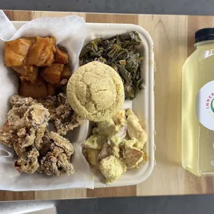 Eim Hogher Entree: Fried Oyster Mushrooms, Collard Greens, Potato Salad, &amp; Candied Butternut Squash