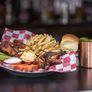 Whiskey BBQ Wing Basket w/ Fries &amp; Veggies