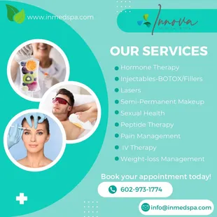 Services offered at Innova, Botox, dermal fillers, lasers, facials, hormone therapy, IV therapy, weight-loss management, sex health and more