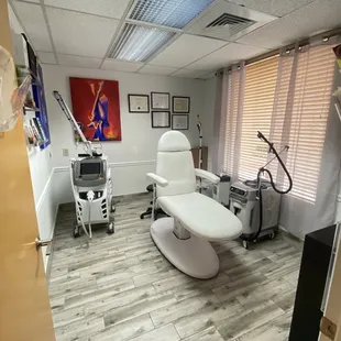 Our laser room where we treat acne scars, skin resurfacing, hyperpigmentation, laser hair removal, tattoo removal and vascular reduction.