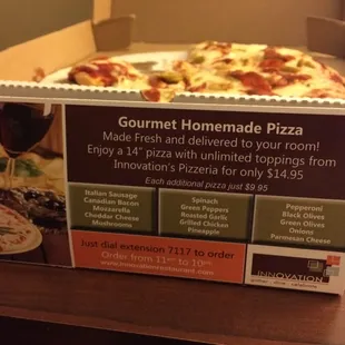 This pizza was horrible and the $14.95 advertised price in the hotel room turned out to be $20 once it arrived at my room...