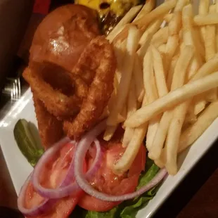 His burger was just the right size and all the fixings