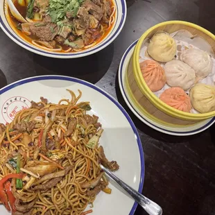 Spicy Beef Noodle Soup (Top Left), Soup Dumpling Sampler (Right), Spicy Beef Noodles w/ Beef and Shredded Peppers (Bottom Left)