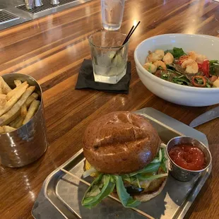 Burger and Shrimp Salad