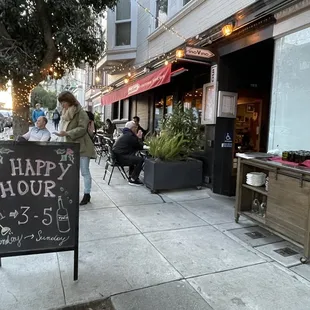 Happy hour and outdoor heated seating if you are at the window spots.