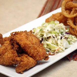 Chicken Tenders with Coleslaw and Onion Rings