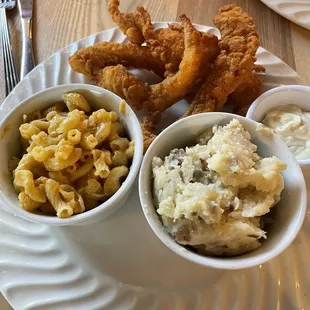Fried catfish, potatoes and mac n cheese.