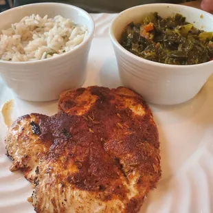 Blackened chicken, cilantro lime rice and collard greens.