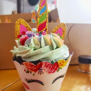 Mint Chocolate Chip Unicorn Cupcake. Death By Chocolate Cupcake piped with Mint Chip Italian Butterceam