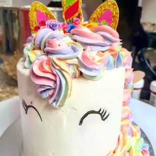 Mini Unicorn Cake, 3" diameter cake 6" tall, Strawberry Cake filled with Strawberry preserves, Vanilla Italian Buttercream