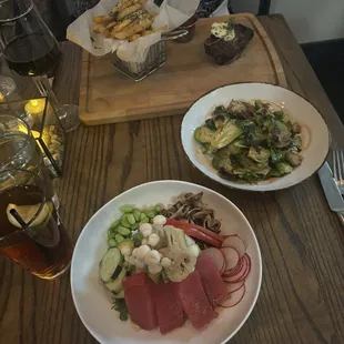 Tuna Buddha bowl, Brussel sprouts, steak frites