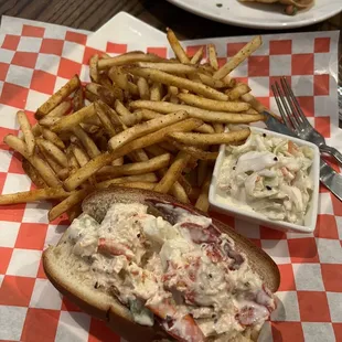 Lobster roll with fries and slaw