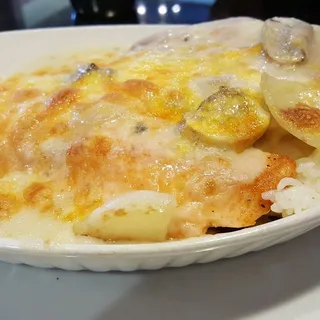 Baked Salmon and Rock Cod with Spinach Mushroom Sauce