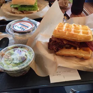 Chicken and waffle, cookies and cream cheesecake, and broccoli salad.