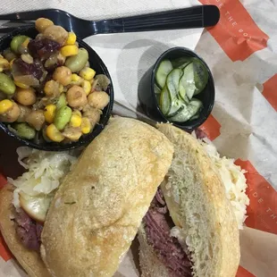 Pastrami on Ciabatta, side of spicy pickles and edamame