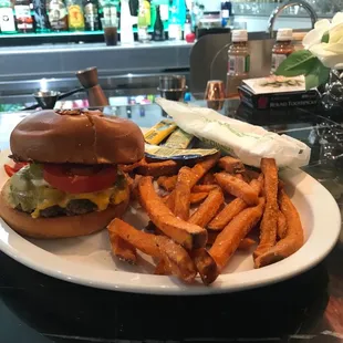 Cheeseburger and sweet potato fries